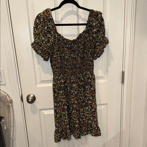 a new day Black Floral Smocked Puff-Sleeve Mini Dress with Yellow & Pink Accents